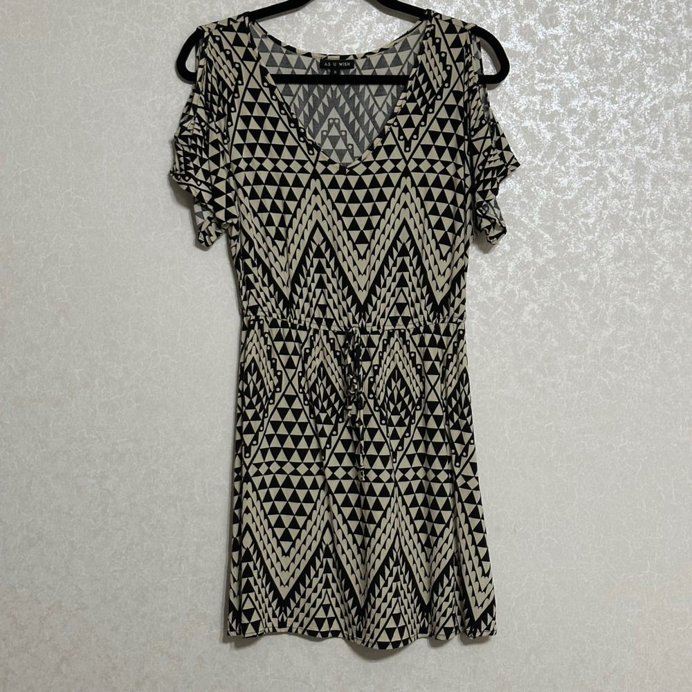AS‎ U WISH Geometric Print Cold Shoulder Mini Dress Black & Beige V-Neck S